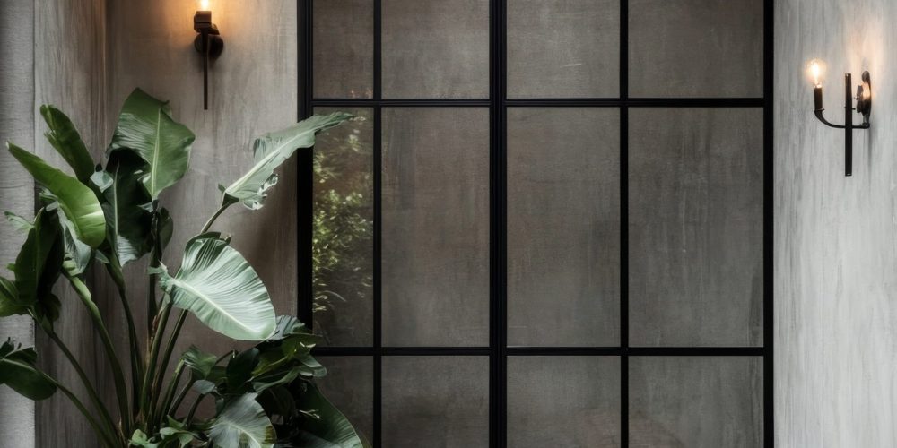 Hallway with skylight, leather bench, and indoor plants